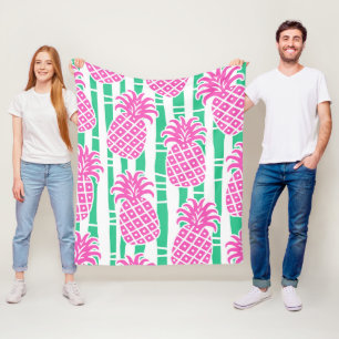 Pineapple Bamboo Stripes Pink & Green Pattern Fleece Blanket