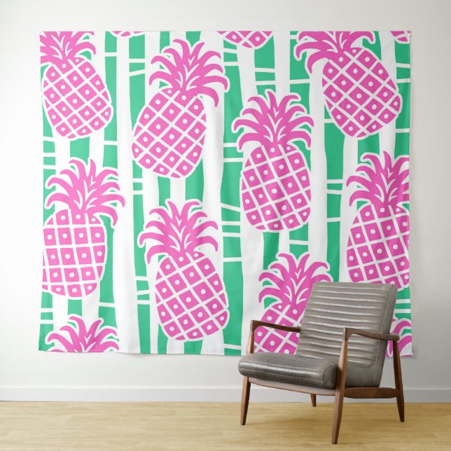 Pineapple Bamboo Stripes Pink & Green Pattern Tapestry (In Situ (Horizontal))