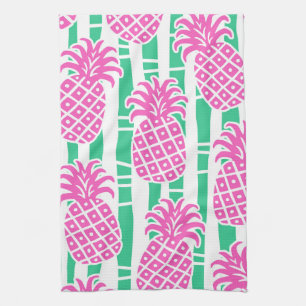 Pineapple Bamboo Stripes Pink & Green Pattern Tea Towel