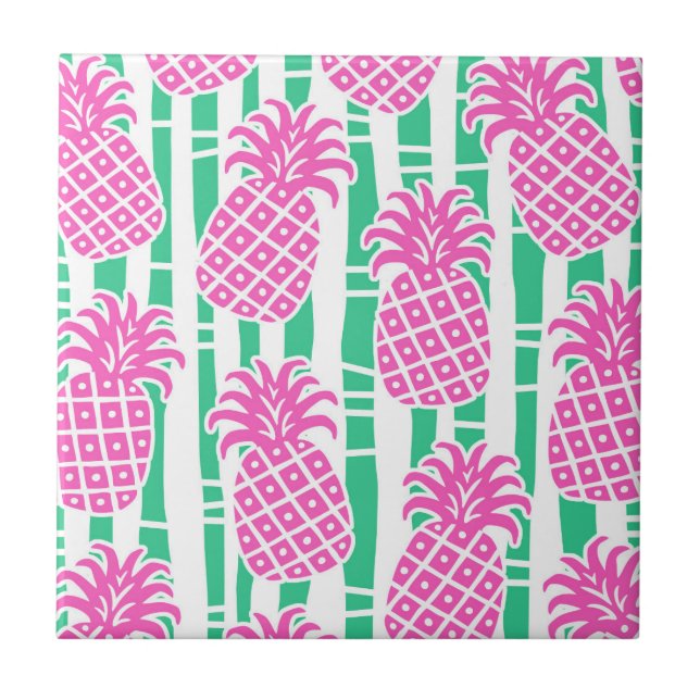 Pineapple Bamboo Stripes Pink & Green Pattern Tile (Front)