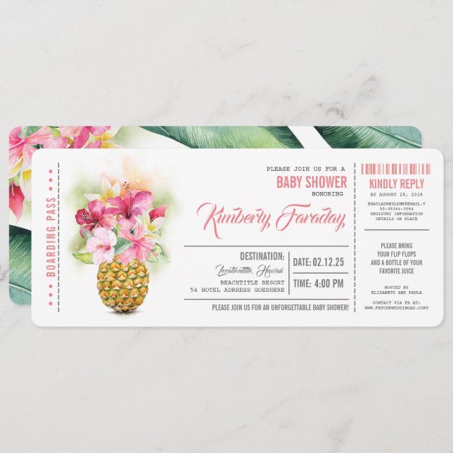 Pineapple Beach Boarding Pass Ticket Baby Shower Invitation (Front/Back)