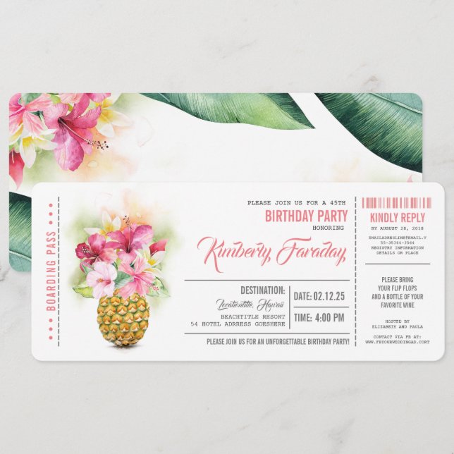Pineapple Beach Boarding Pass Ticket Birthday Invitation (Front/Back)