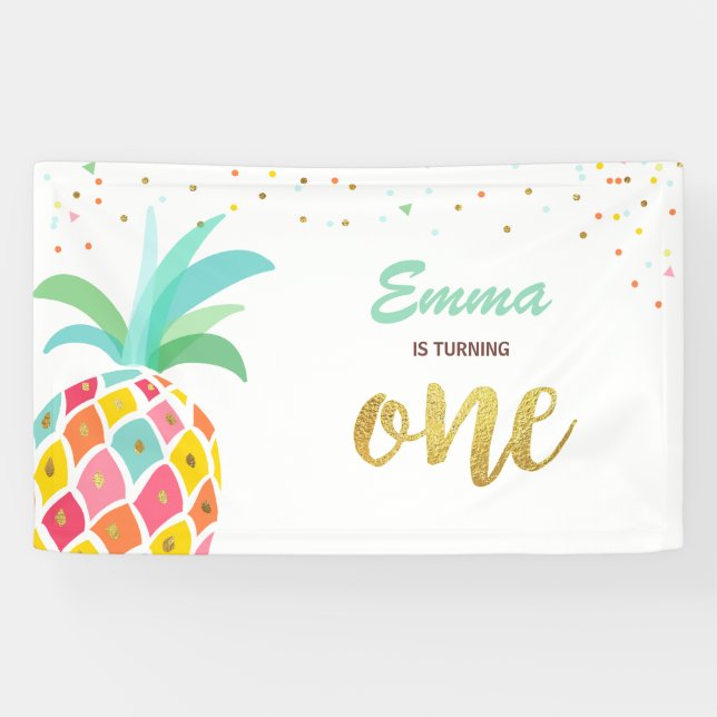 Pineapple birthday banner Tropical Luau Pink Gold (Horizontal)