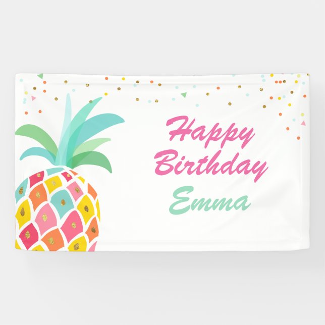 Pineapple birthday banner Tropical Luau Pink Gold (Horizontal)
