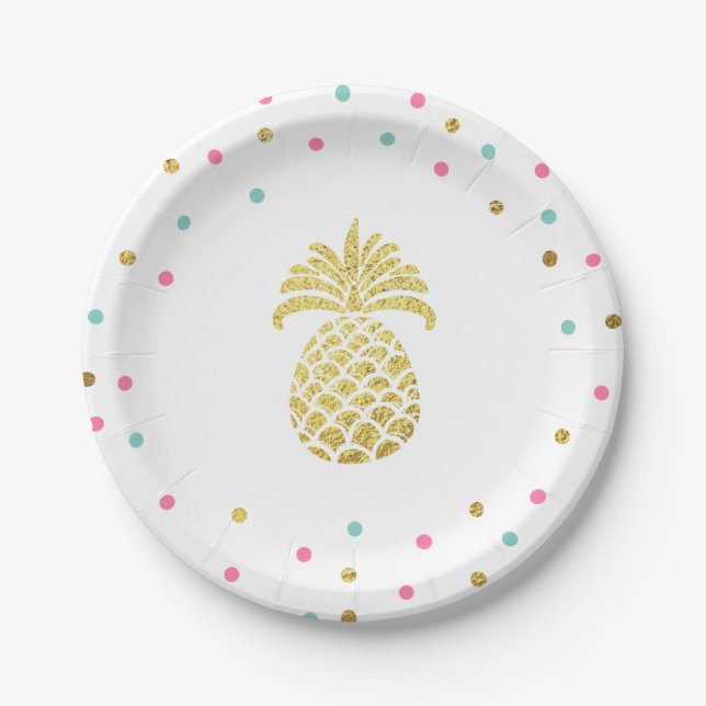 Pineapple Birthday Paper Plates Tropical Luau Gold (Front)