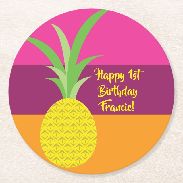 Pineapple Birthday Party Round Paper Coaster (Front)