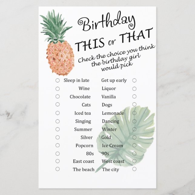 Pineapple Birthday this or that game (Front)