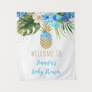 Pineapple Blue Gold Floral Baby Shower Backdrop Tapestry