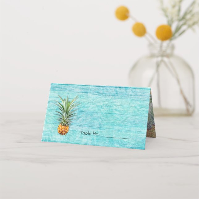 Pineapple Blue Rustic Hawaiian Tented Escort Cards (Front)