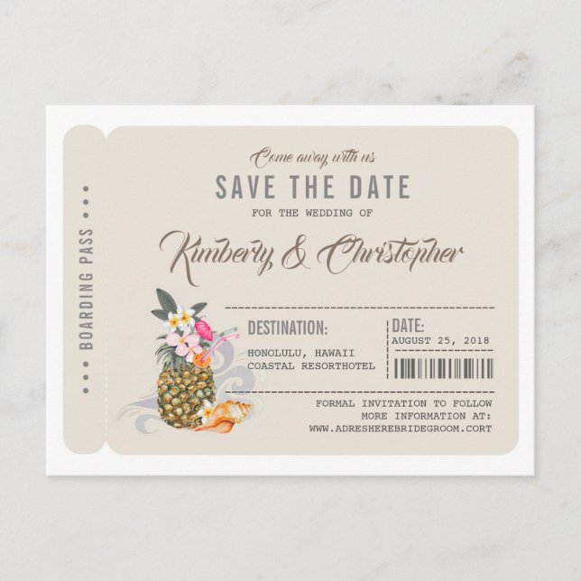 Pineapple Boarding Pass Ticket Save the Date Announcement Postcard (Front)