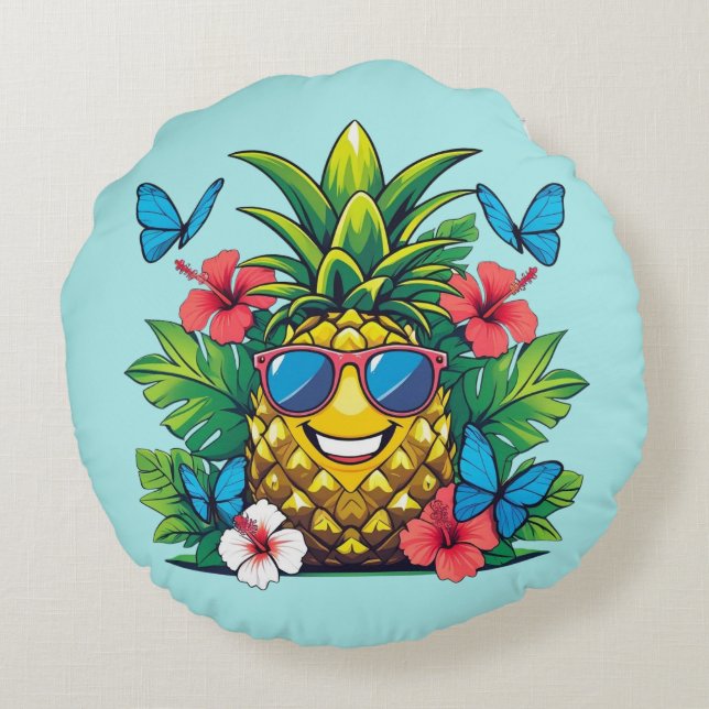 Pineapple Butterfly Hibiscus Vibes Round Cushion (Back)