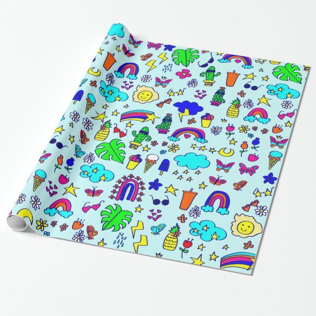 pineapple cactus rainbow monstera doodle wrapping paper (Unrolled)