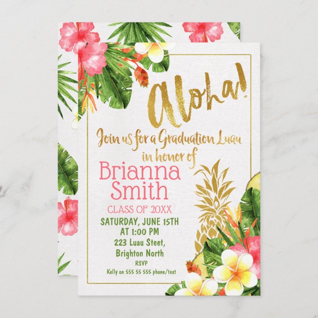 Pineapple Calligraphy Graduation Luau Invitation (Front/Back)