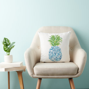 Pineapple Chinoiserie Blue White Preppy Cushion