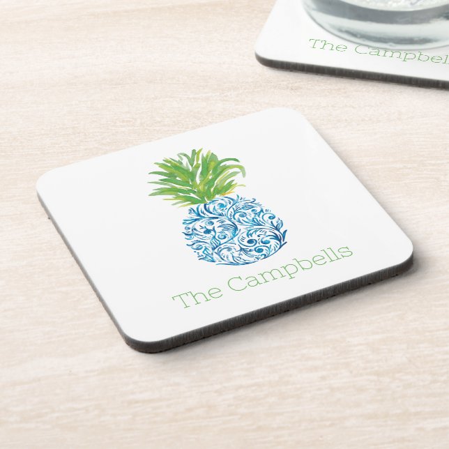 Pineapple Chinoiserie Blue White Preppy Name Coaster (Left Side)
