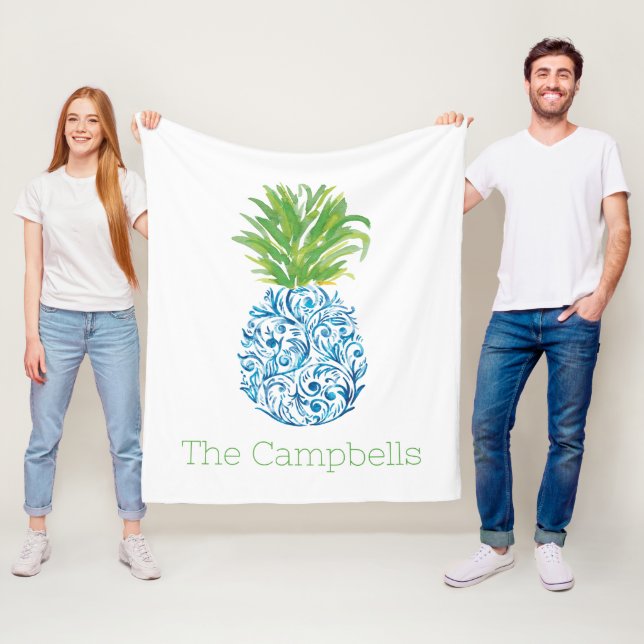Pineapple Chinoiserie Blue White Preppy Name Fleece Blanket (In Situ)