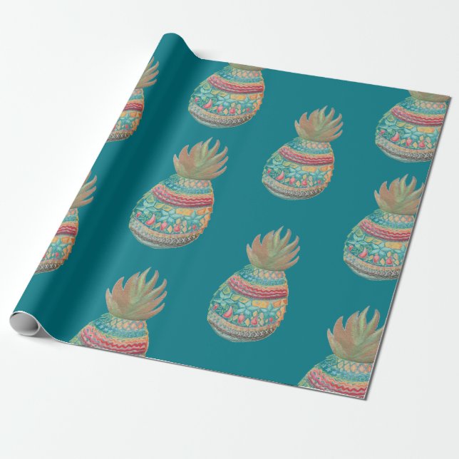 Pineapple Christmas Wrapping Aqua Wrapping Paper (Unrolled)