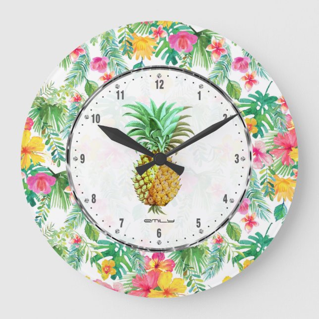PineApple  & Colourful Tropical Flowers Pattern Large Clock (Front)