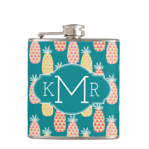 Pineapple Doodle Pattern Monogram Hip Flask
