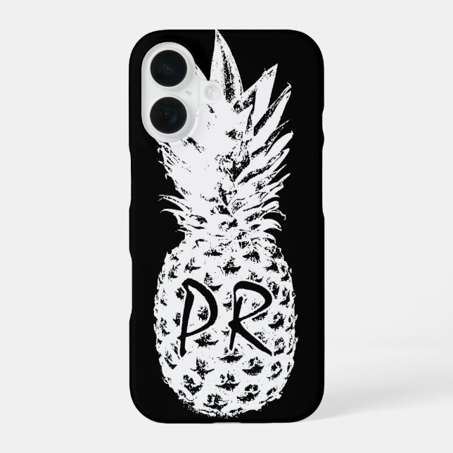 Pineapple drawing black and white custom monogram iPhone 16 case (Back)