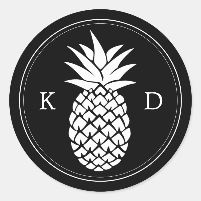 Pineapple Elegant Initials Tropical Wedding Classic Round Sticker (Front)
