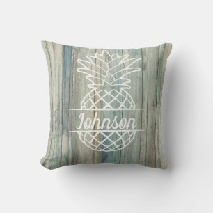 Pineapple Family Name on Rustic Wood Coastal Beach Cushion