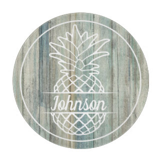 Pineapple Family Name on Rustic Wood Coastal Beach Cutting Board