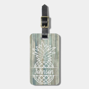 Pineapple Family Name on Rustic Wood Coastal Beach Luggage Tag