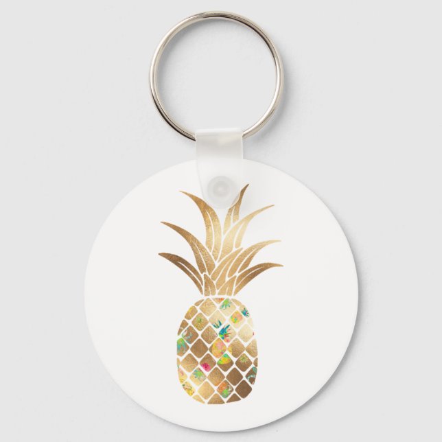 Pineapple, Faux Gold+Collage Key Ring (Front)