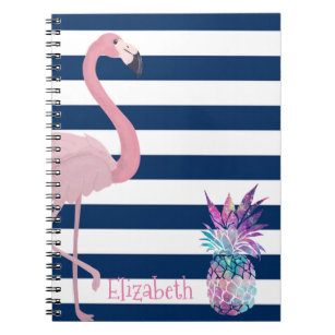 Pineapple, Flamingo Navy Blue Stripes-Personalised Notebook