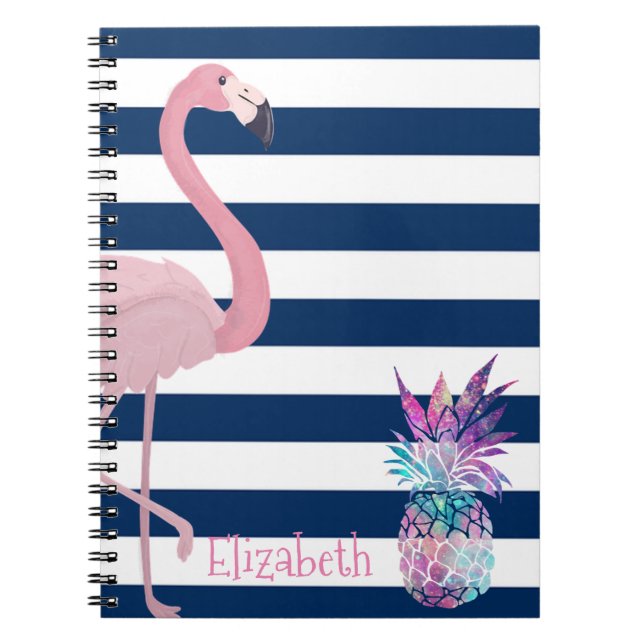 Pineapple, Flamingo Navy Blue Stripes-Personalised Notebook (Front)