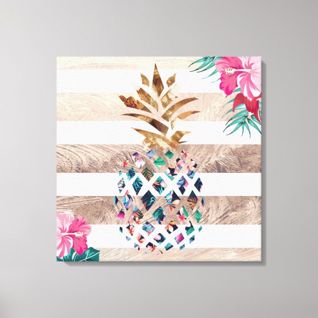 Pineapple floral gold striped design canvas print (Front)
