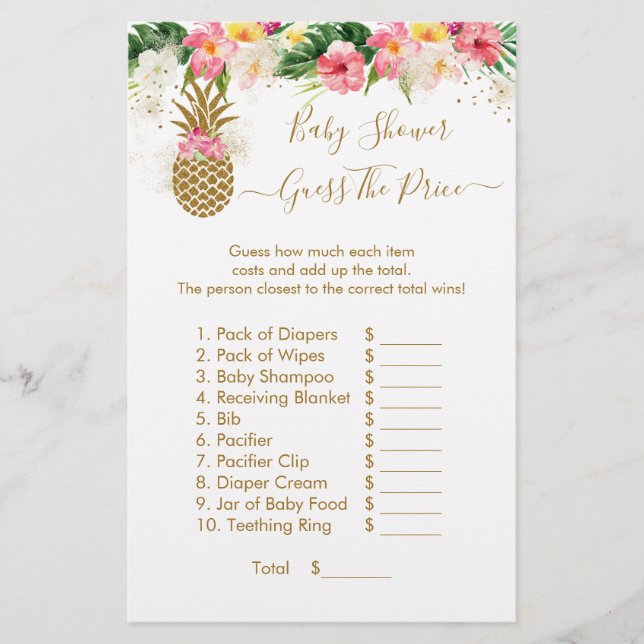 Pineapple Floral Guess The Price Baby Shower Game (Front)