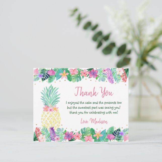 Pineapple Floral Pink Gold Birthday Thank You Card (Standing Front)