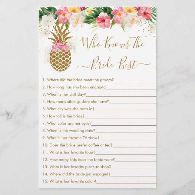 Pineapple Floral Who Knows The Bride Best Game (Front)