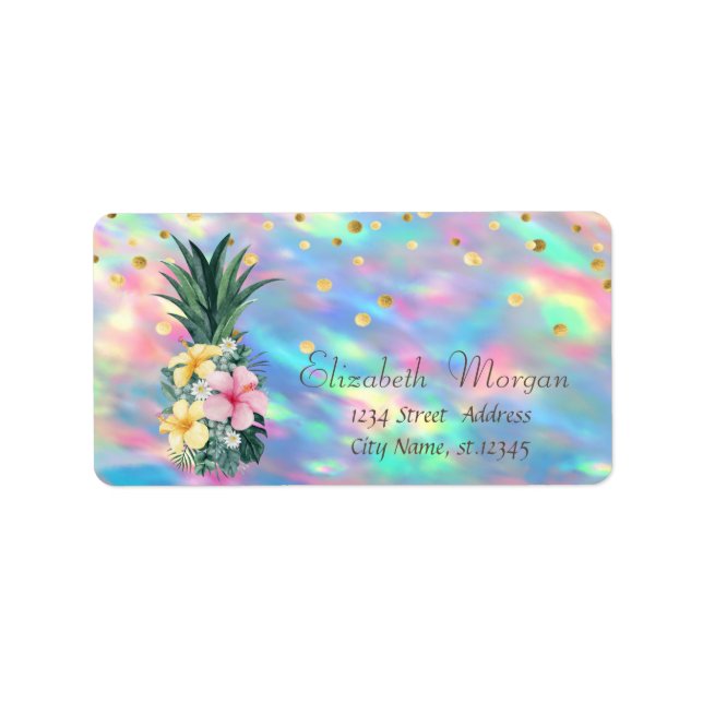 Pineapple Flowers Dots Holographic Iridescent Opal Label (Front)