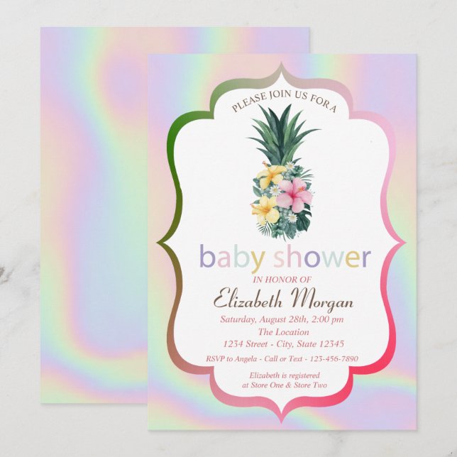 Pineapple Flowers Holographic Baby Shower Invitation (Front/Back)