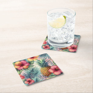 Pineapple & Flowers Pattern Square Paper Coaster