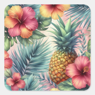 Pineapple & Flowers Pattern Square Sticker
