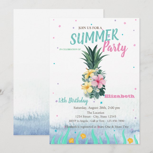 Pineapple Flowers Seashells Birthday Party Invitation (Front/Back)