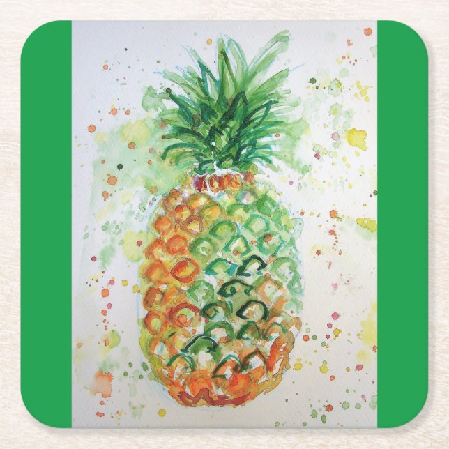 Pineapple Fruit Food Tropical Art Orange Lime Cute Square Paper Coaster (Front)