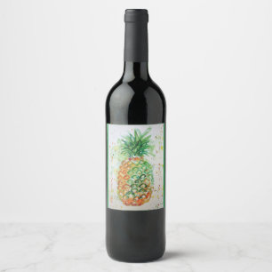 Pineapple Fruit Food Tropical Art Orange Lime Cute Wine Label