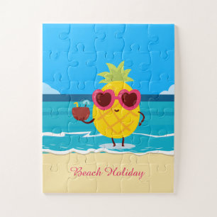 Pineapple fruit on Beach Holiday Cute Colourful Jigsaw Puzzle