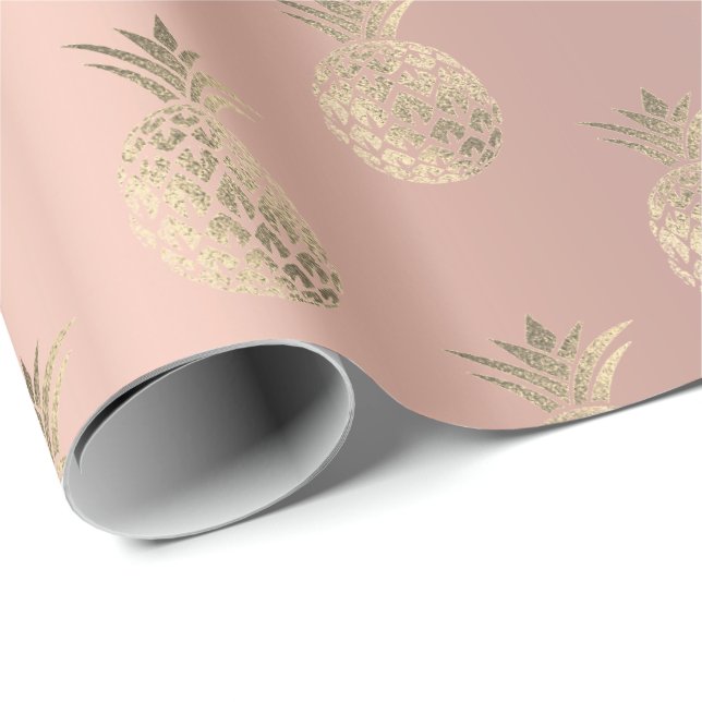 Pineapple Fruits Rose Gold Tropical Summer Peach Wrapping Paper (Roll Corner)