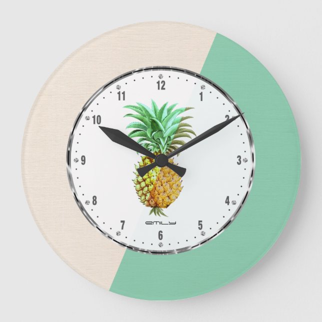 PineApple  & Geometric Beige & Green Linen Large Clock (Front)