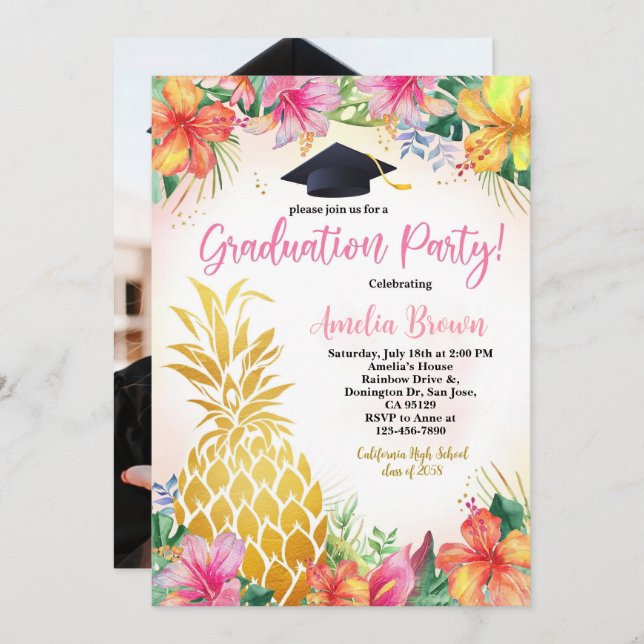 Pineapple Graduation Photo Invitation Tropical Lua (Front/Back)
