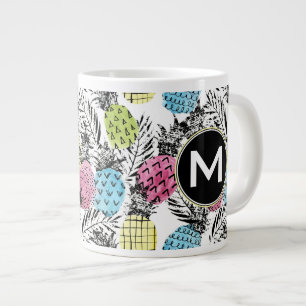Pineapple Grunge Palms Monogram Large Coffee Mug