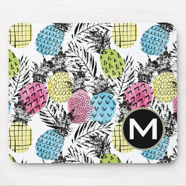 Pineapple Grunge Palms | Monogram Mouse Mat (Front)