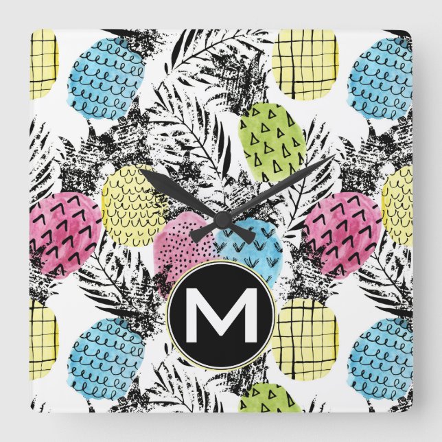 Pineapple Grunge Palms | Monogram Square Wall Clock (Front)