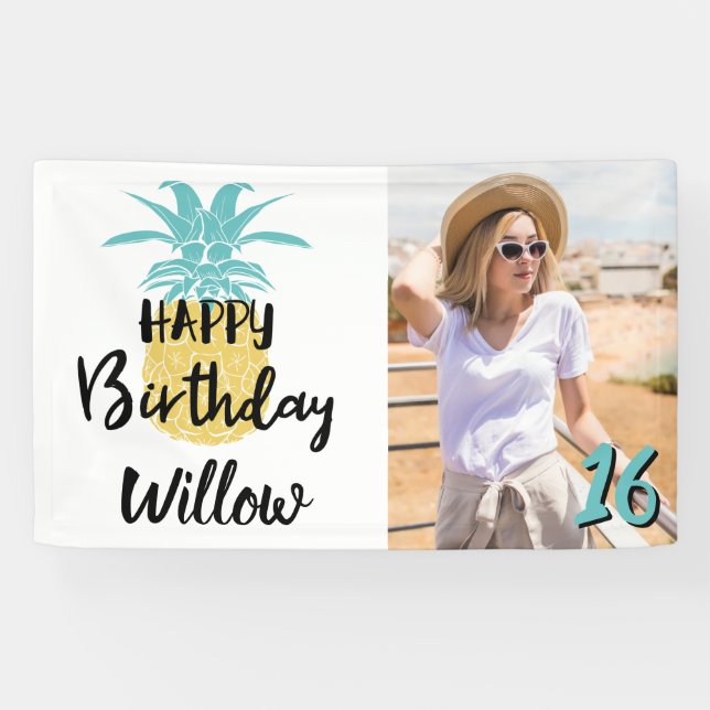 Pineapple Happy Birthday Luau Party, Any Age Banner (Horizontal)